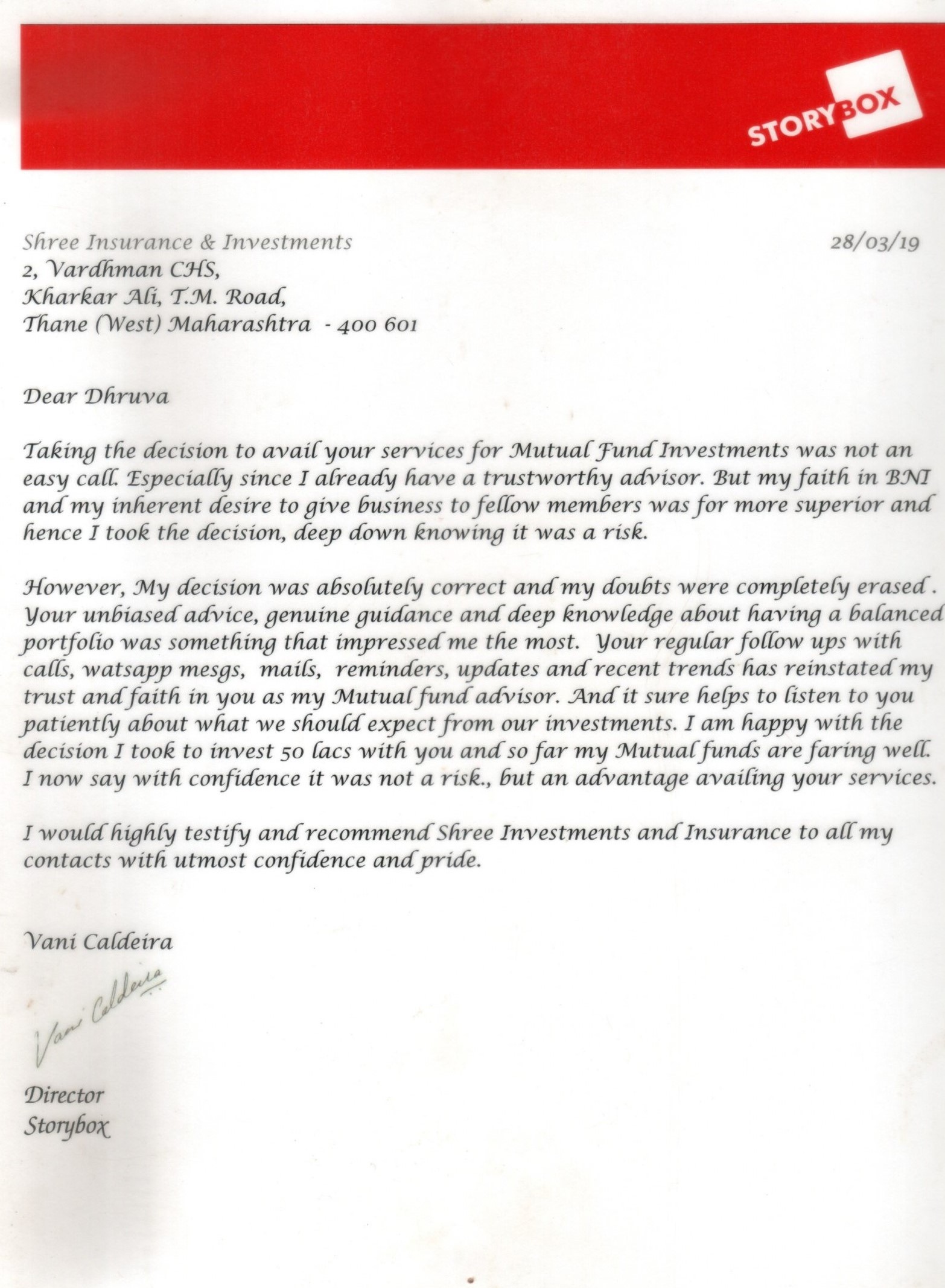 Testimonial letter from Vani Caldeira, Storybox